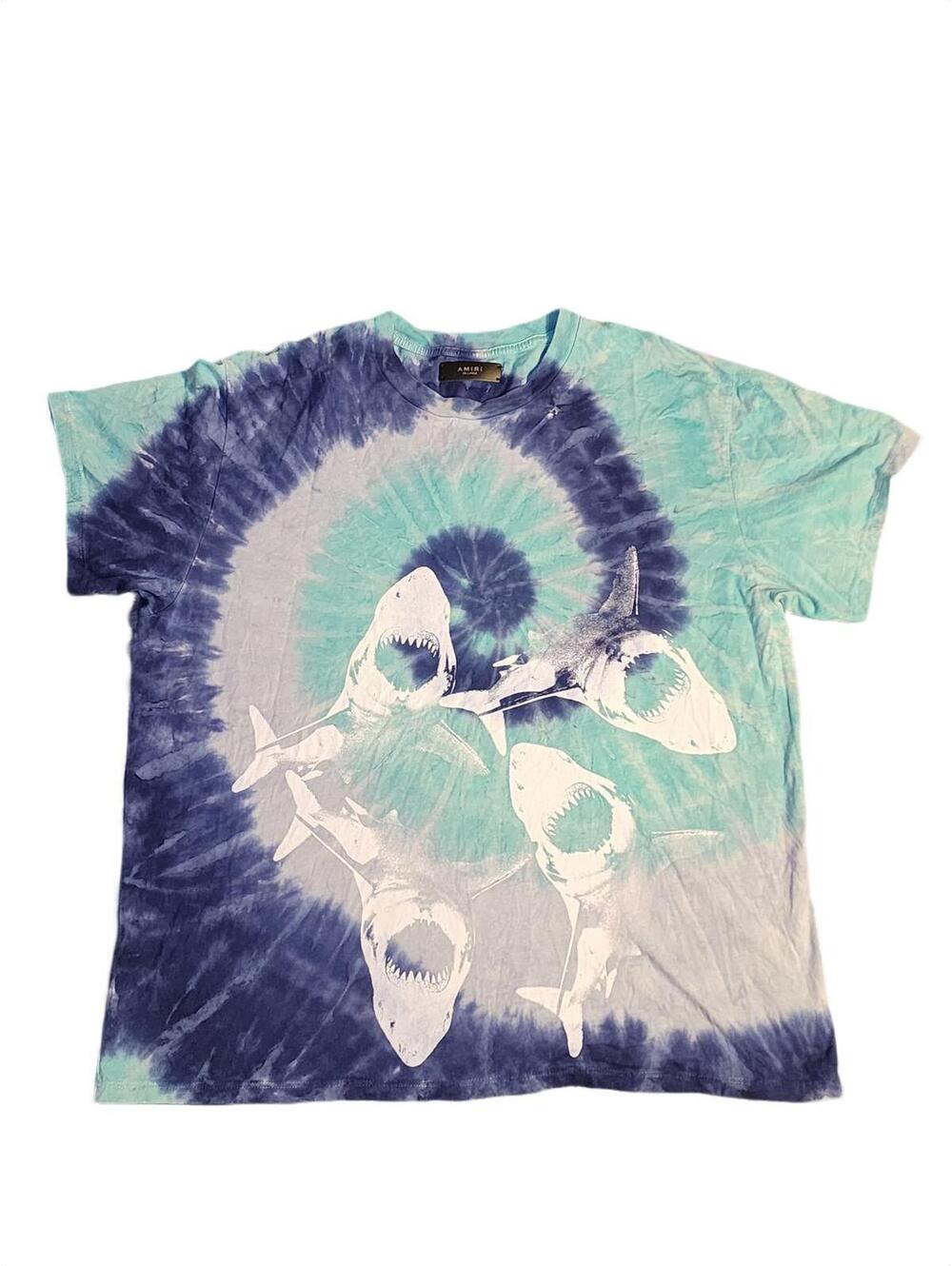 Amiri Tie Dye Shark XL Mens Short Sleeve T Shirt Authenticated Blue Green Cotton